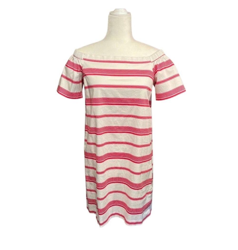 Maison Jules hot pink and white striped short sleeve off-shoulder cotton sheath